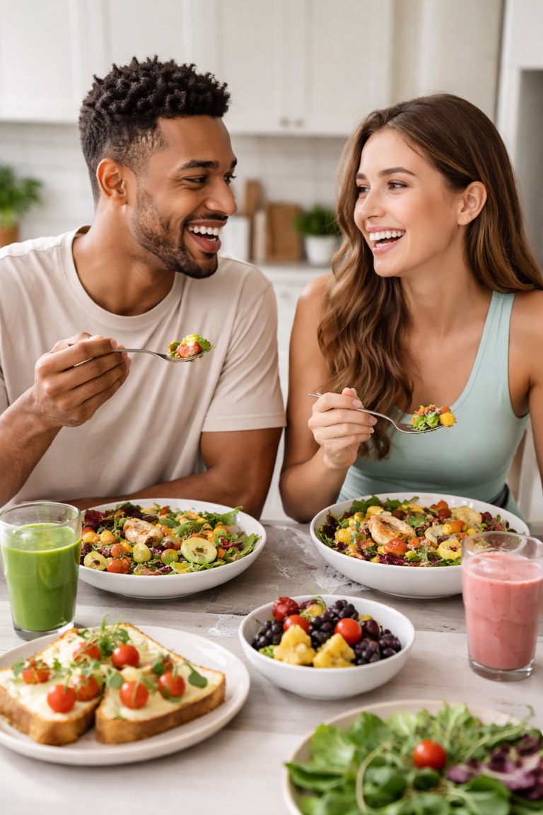 A couple smiling while eating healthy salads at a kitchen table.